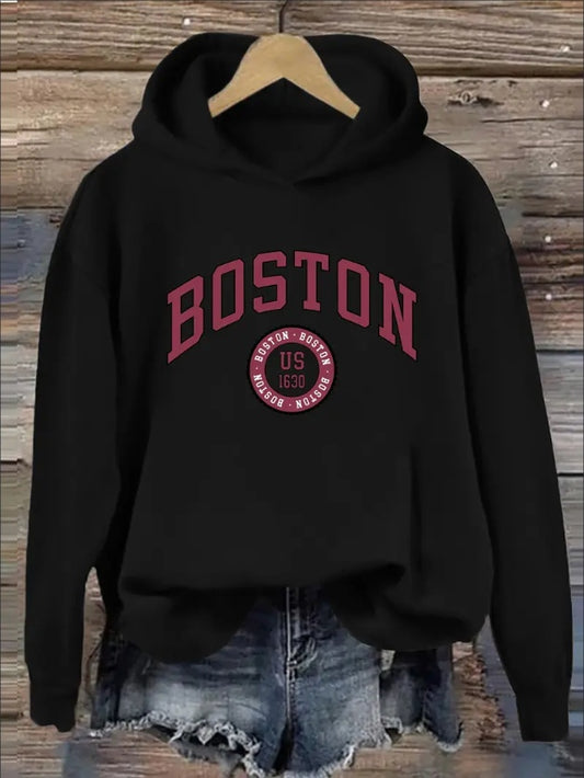 Cozy Women's Boston Letter Print Hoodie, Drawstring Casual Hooded Sweatshirt For Winter & Fall Season