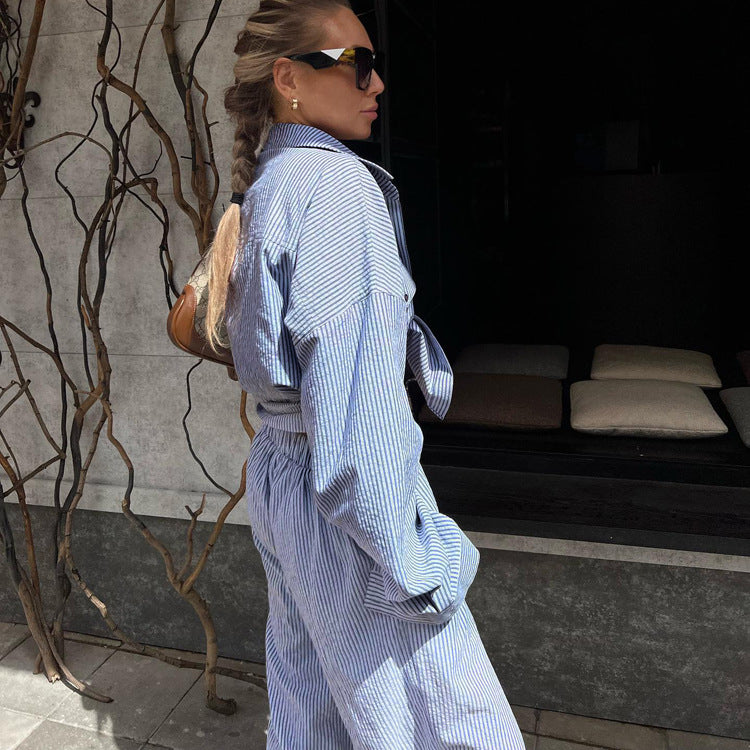 Blue Striped Lapel Shirt Long Sleeve Wide Leg Pants Suit