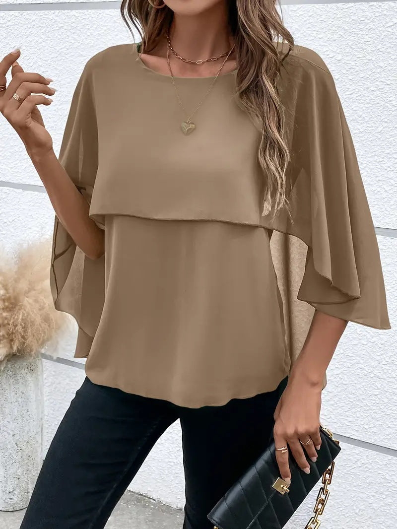 Women's All-match Round Neck Solid Color Layered Cape Sleeve Chiffon Shirt