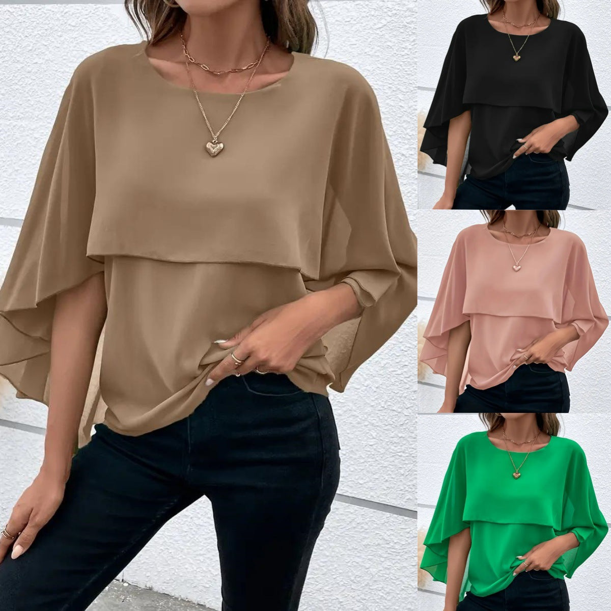 Women's All-match Round Neck Solid Color Layered Cape Sleeve Chiffon Shirt