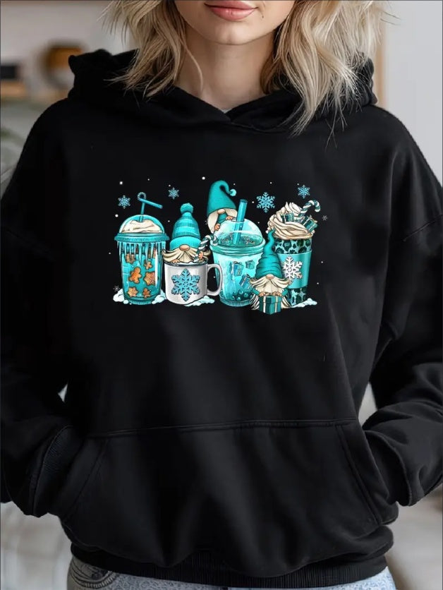 Gnomes Christmas Coffee Cups Latte Drink Outfit Christmas Cozy Classic Print Pullover Hoodie, Casual Long Sleeve Hoodie For Sprots